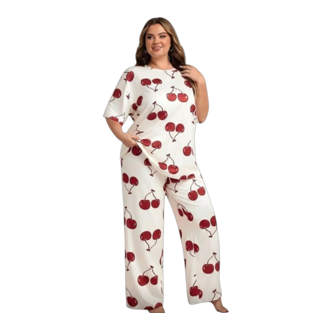 Women's Plus Size Cherry Print Pyjama Set, Short Sleeve Top and Wide Leg Trousers, Cream and Red
