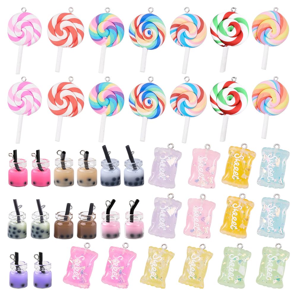 SUNNYCLUE 1 Box 42Pcs Sweet Candy Charms Lollipop Gummy Bear Resin Charms Polymer Clay Pendants for Earring Bracelet DIY Jewelry Making