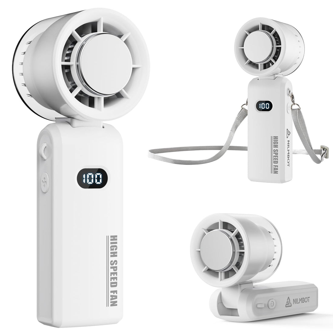 3-in-1 Handheld Portable Neck & Desk Cooling Device, 5000mAh USB Rechargeable Fan with LED Digital Display, 5-Speed 6-Blade Personal Airflow System for Travel, Outdoor (White, 5000, Milliamp Hours)