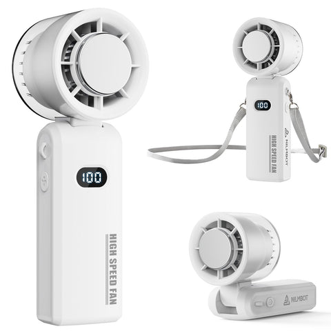 3-in-1 Handheld Portable Neck & Desk Cooling Device, 5000mAh USB Rechargeable Fan with LED Digital Display, 5-Speed 6-Blade Personal Airflow System for Travel, Outdoor (White, 5000, Milliamp Hours)