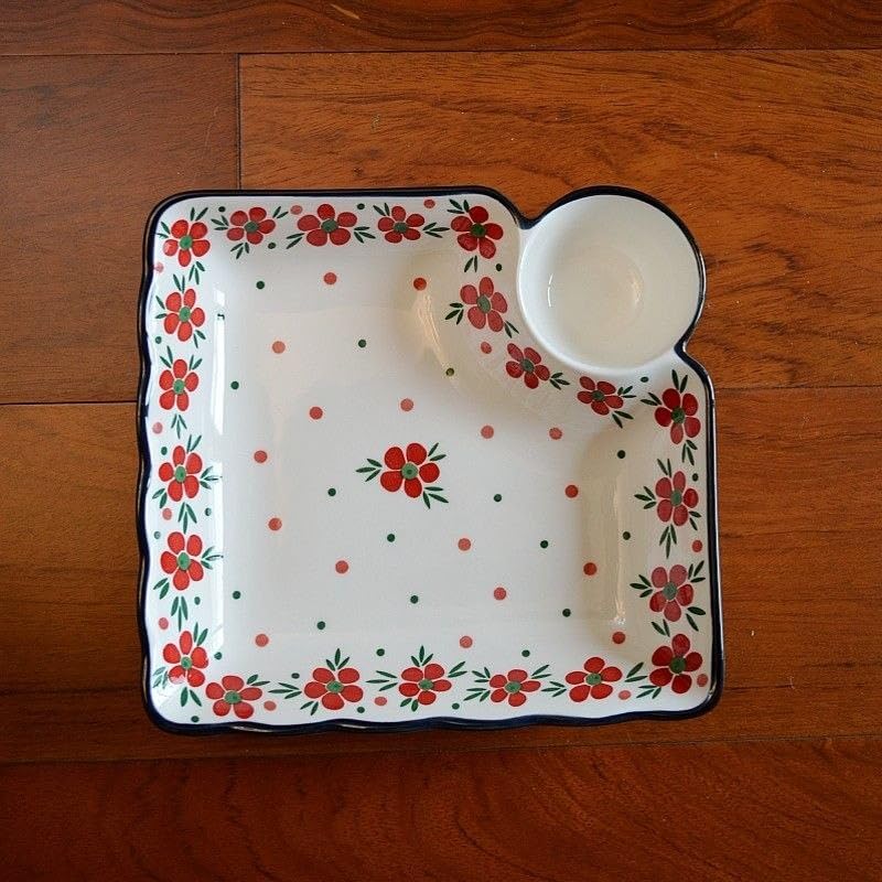 Generic Square Serving Tray with Sauce Compartment, Red Floral Design, Divided Chip and Dip Platter, .smk