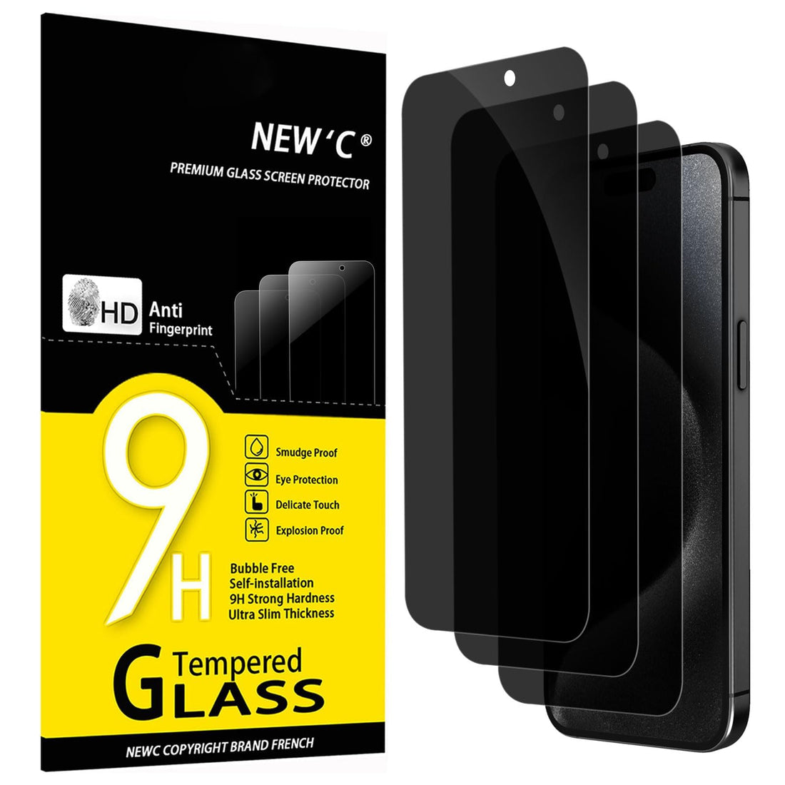 NEW'C 3 Pack Privacy Screen Protector for iPhone 15 Pro, iPhone 15 (6.1"), Anti Spy Tempered Glass Film,Case Friendly Ultra Resistant