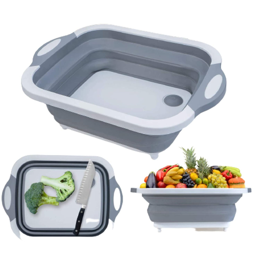 Multifunction Over The Sink Cutting Board Collapsible Cutting Board with Foldable Dish Tub, Portable Washing Basin 3 in 1 Food Grade Plastic Chopping Board for Kitchen Home, White-Grey