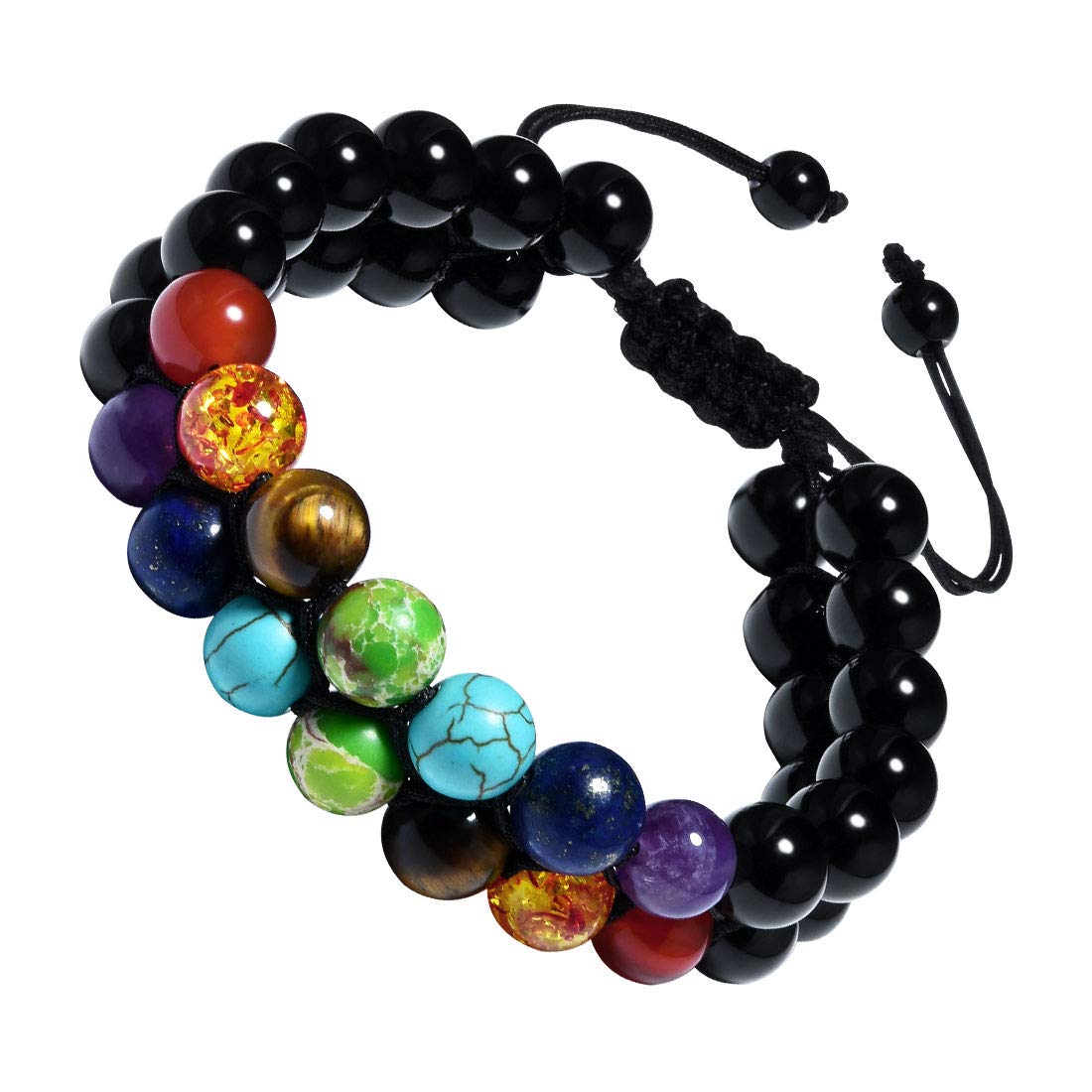 Mens Chakra Bracelet 8mm Double Layer Black Agate Bracelet Energy Healing Stone Beads Adjustable Beaded Bracelets for Men Women Boys B001