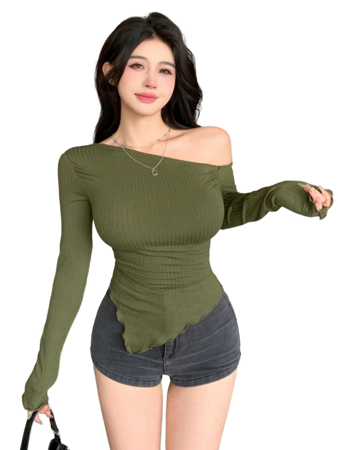 SHEIN Women's Army Green Asymmetrical Neck Rib-Knit Blouse - Long Sleeve Slim Fit Drawstring T-Shirt for Daily Wear - Stylish Spring/Summer Casual Top