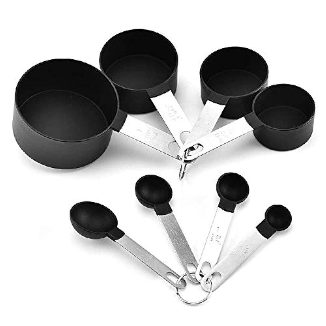 Measuring Spoons and Cups Set of 8, Stainless Steel Handles with Food Grade Plastic, Black