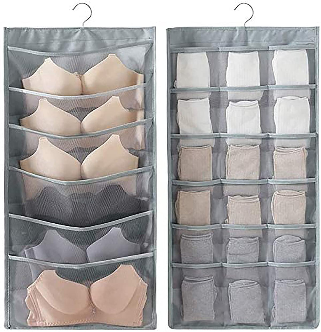 KASTWAVE Dual-Sided Hanging Closet Organizer for Underwear, Stocking, Bra and Sock, Mesh Pockets with Metal Hanger, Closet Hanging Organizer with Mesh Pockets