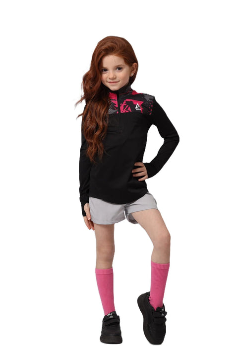 Girls Black pattern Splash Performance T-Shirt – Sporty Long Sleeve Top