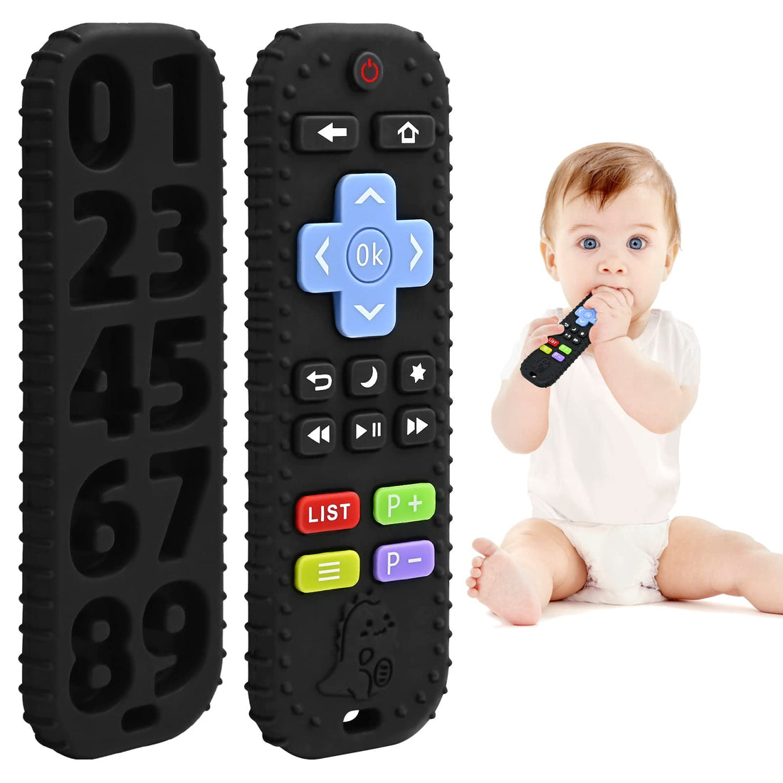 Teething Teething Rings Toy for Babies 0-6-12 Months Gifts, Remote Control Baby Teething Aid for 3 6 9 Months Toddler Autism, Food Grade Silicone Bath Toy, Black
