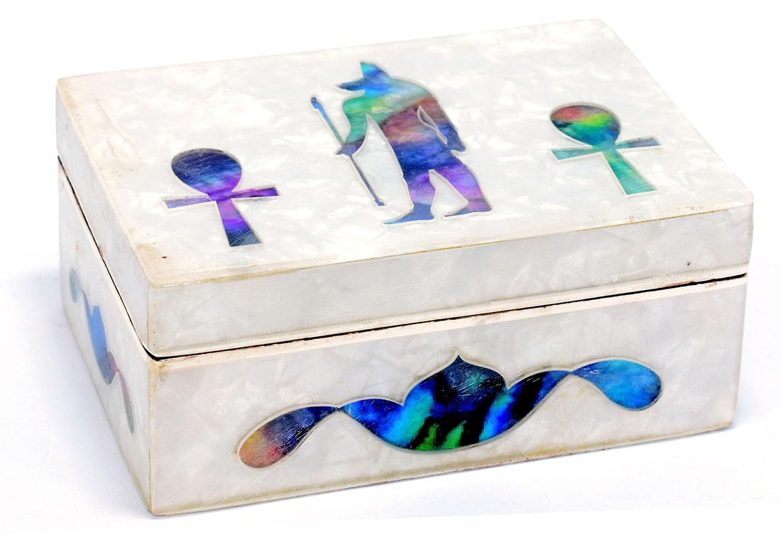 immatgar pharaonic Jewellery Storage Box from Natural seashells ancient Egyptian souvenirs gifts from Egypt Pharaohs - Diverse patterns (Anubis - Ankh ley 10 * 5 CM)
