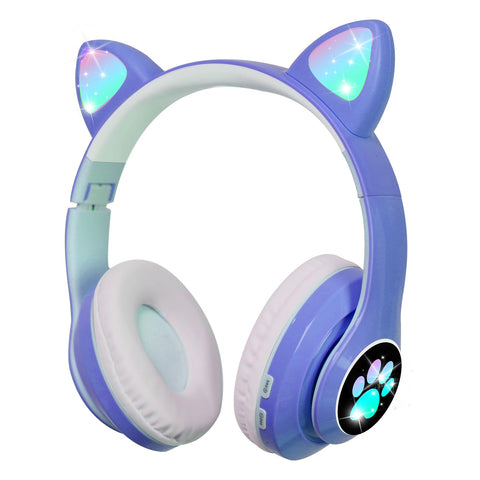 OHAANYY Wireless Bluetooth Headphones for Children, Foldable Girls Headphones Over Ear, LED Cute Cat Ears, Foldable, Audio Wireless for Children, Bluetooth 5.0 Headphones for Tablet/Mobile Phone/PC