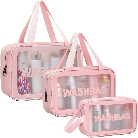 3 Pieces Clear Cosmetic Bag - Travel Cosmetic Bag for Women and Girls - Travel Makeup Bag - PVC Small Toiletry Bags - Waterproof Cosmetic Wash Bag Zipper Makeup Bag for Women (Pink)
