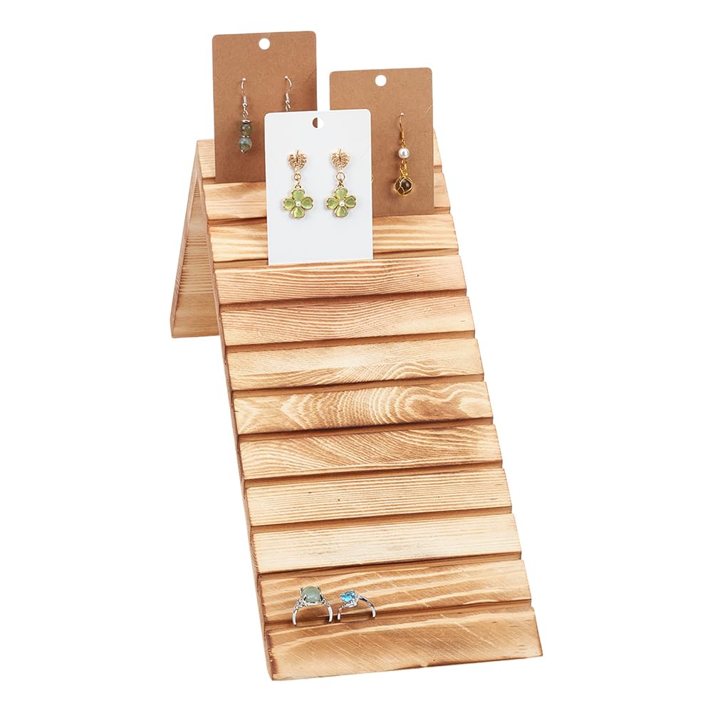 JAZZEEL Wooden Earring Display Stand, 11-Slot Slant Back Jewelry Organizer, Professional Earring Card Holder for Retail Selling Craft Shows & Photos, Natural Wood Finish, 33x14x20.3 cm