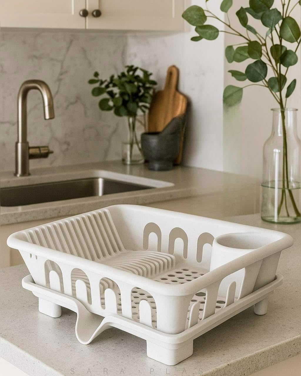 Kitchen Essentials Dish Drying Rack With Base, H.Quality Plastic Dish Dryer & Dish Drying Rack with Drain Tray, Sink Strainer for Kitchen, Organizer for Dishes, Spoons, Cups (White Granite)