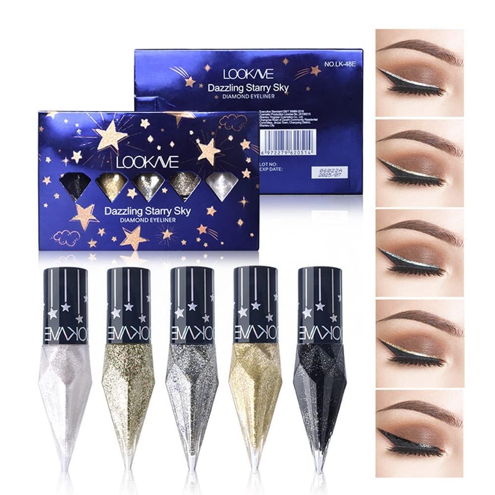 Glitter Eyeliner Colorful Set,5 Colors Metallic Shimmer White Silver Gold Diamond Eye Liner,Glitter Eyeliner Korean Makeup,Waterproof Long Lasting Glow Eyeliner Sparkle Eyeshadow Makeup (2)