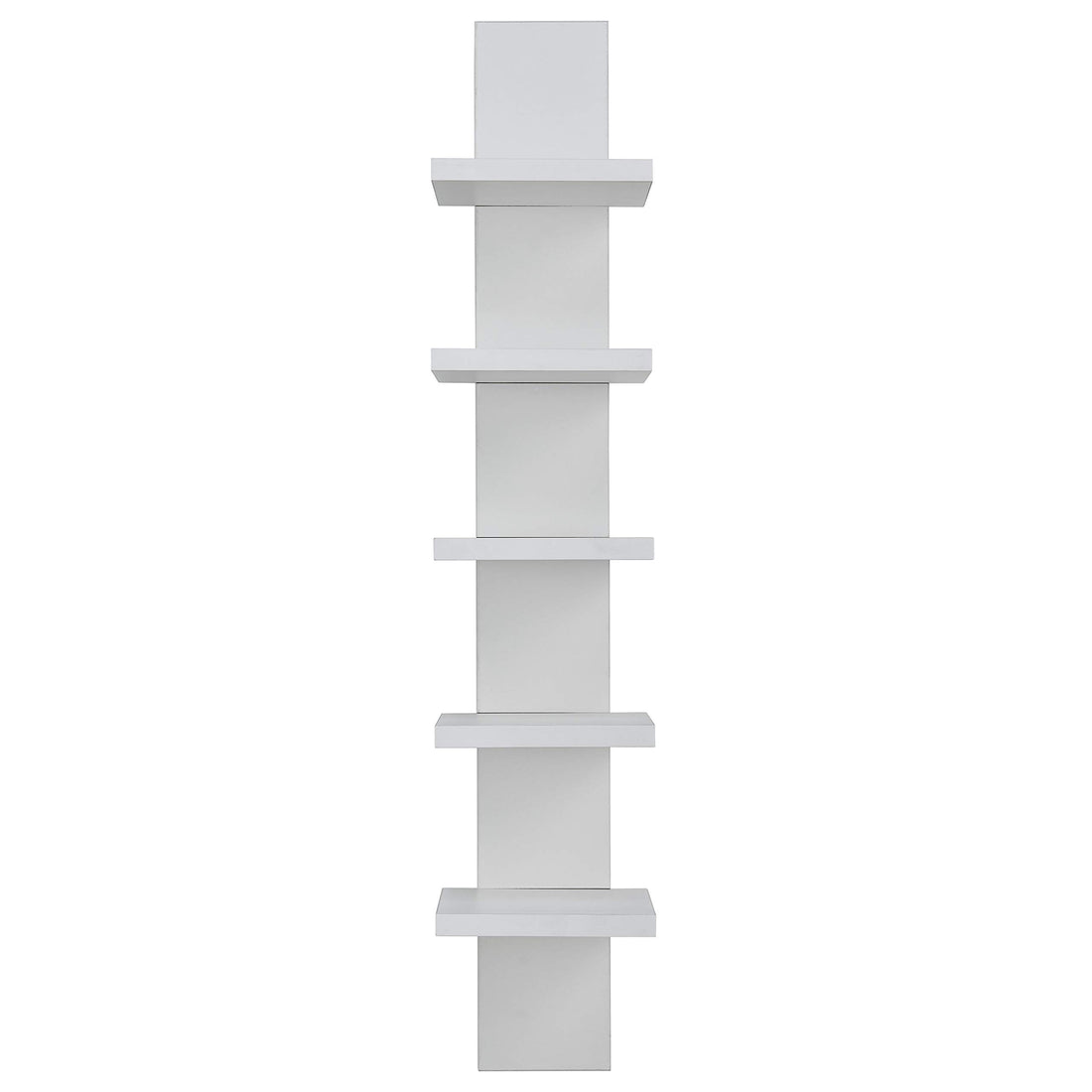 5-Tier Narrow Vertical Wall Unit, Tall Column Floating Storage Organizer and Utility Shelf for Bedroom or Living Room, Space-Saving Design in a White Laminate Finish