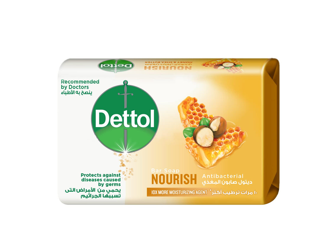 Dettol nourish anti-bacterial bathing soap bar for effective germ protection & personal hygiene (protects against 100 illness causing germs), honey & shea butter fragrance, 85g