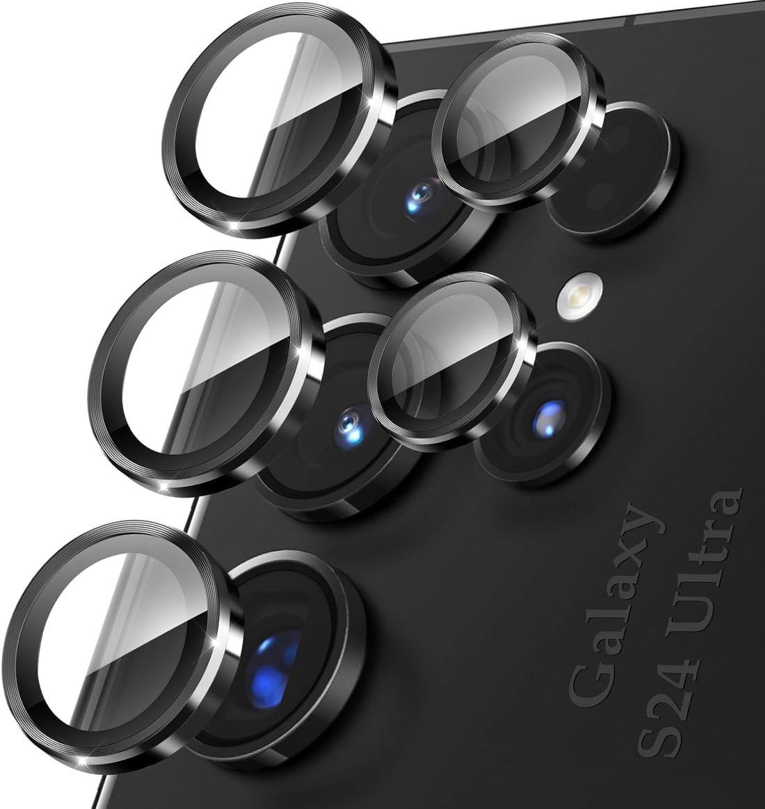 Samsung Galaxy S24 Ultra 5G Camera Lens by Moez 3+2 Pack, 9H Hardness Tempered Glass Film Metal Ring for 2024 Mobile Phone Mounting Kit (Black)
