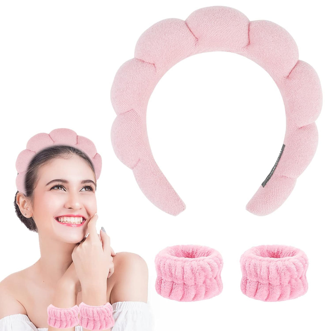 Spa Headbands for Washing Face or Facial - Set of 1 Terry Cloth Skincare Headbands, Puffy Makeup Headbands for Face Washing, Masks, and Skin Treatments (Pink, Free)