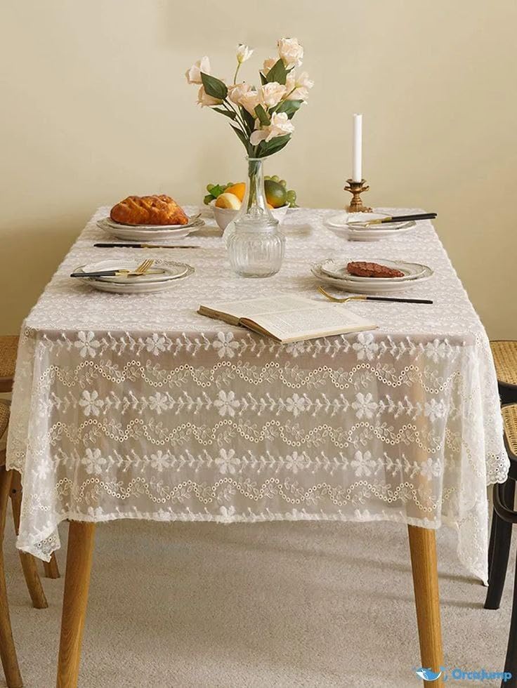 Generic Lace Tablecloth, Floral Pattern, White, 130 x 200 cm .flo