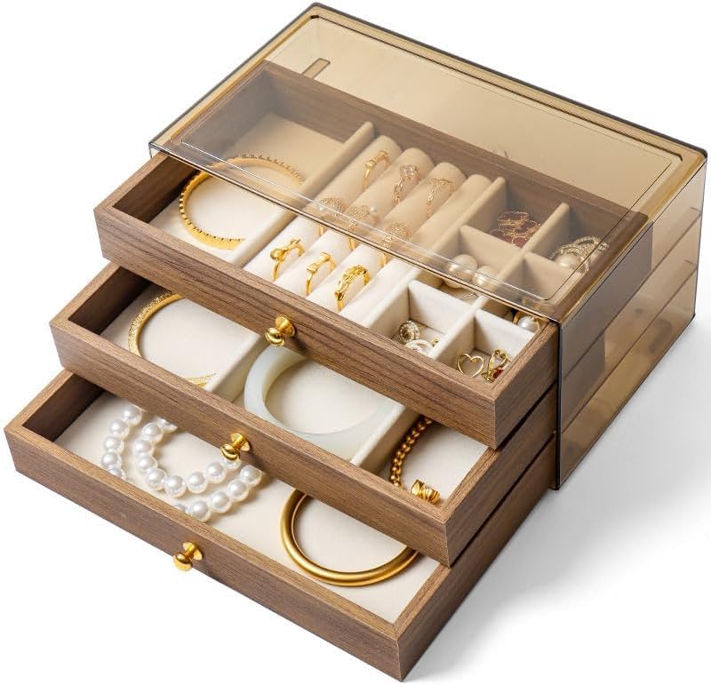 Next Store Luxury 3 Tier Jewelry Organizer with Wooden Design and Clear Lid, Accessories Storage Box with Gold Accents and Velvet Lining, Elegant Jewelry Cabinet for Rings, Bracelets, Necklaces