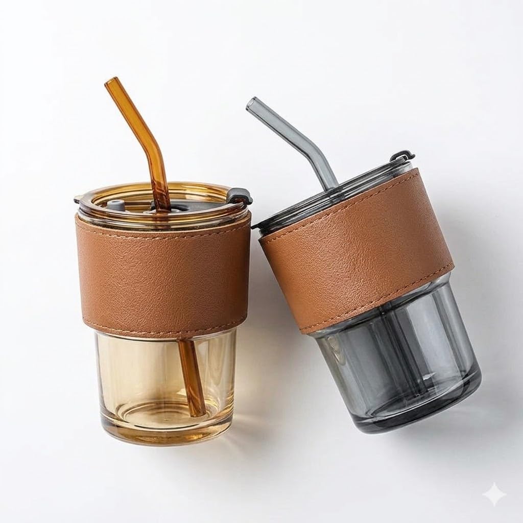 Premium Glass Tumbler Set with Leather Sleeve and Lid, Reusable Drinking Cup with Clear Glass Straw, Leak Resistant Sealed Cover, Elegant Beverage Mug for Coffee Tea Juice Water, 3 Piece Set