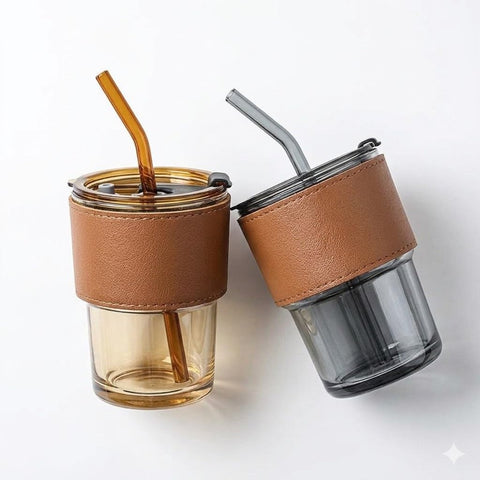 Premium Glass Tumbler Set with Leather Sleeve and Lid, Reusable Drinking Cup with Clear Glass Straw, Leak Resistant Sealed Cover, Elegant Beverage Mug for Coffee Tea Juice Water, 3 Piece Set