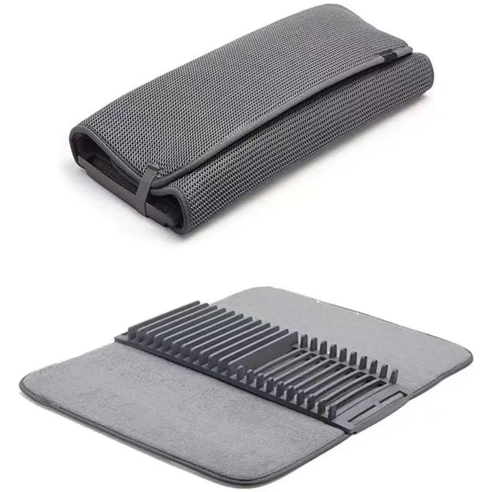 Dish Drying Rack With Mat Set 2 in 1 Microfiber Absorbent Kitchen Drying Mat With Removable Plastic Dish Rack Foldable Countertop Drainer Organizer For Plates Bowls Utensils