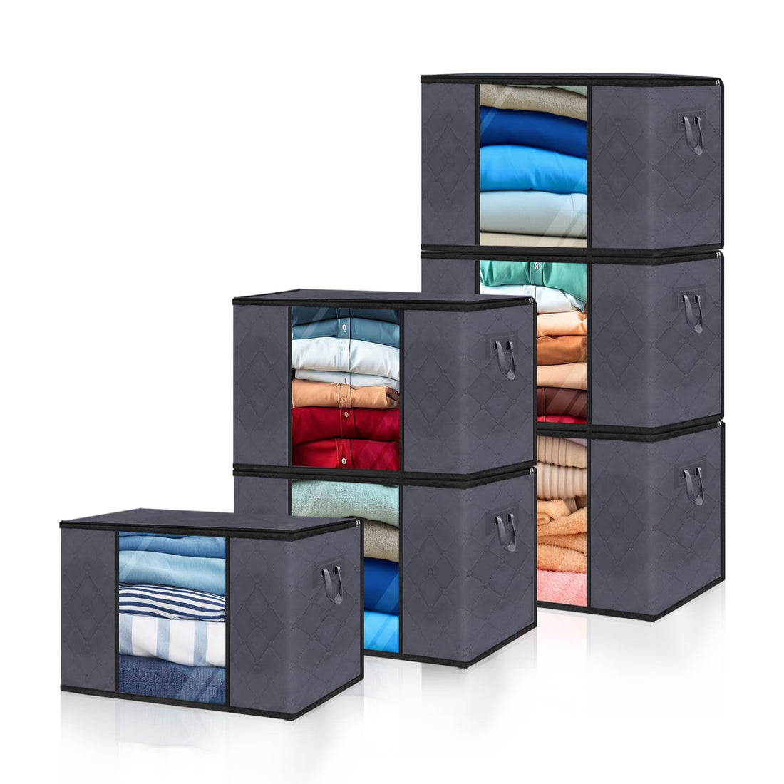 Clothes Storage Bags, Storage Containers for Clothes, Bedding & Blankets, Foldable Closet Organizers and Storage with Window & Zippers, Perfect Bedroom Organization Solution - 6 Pack,Grey