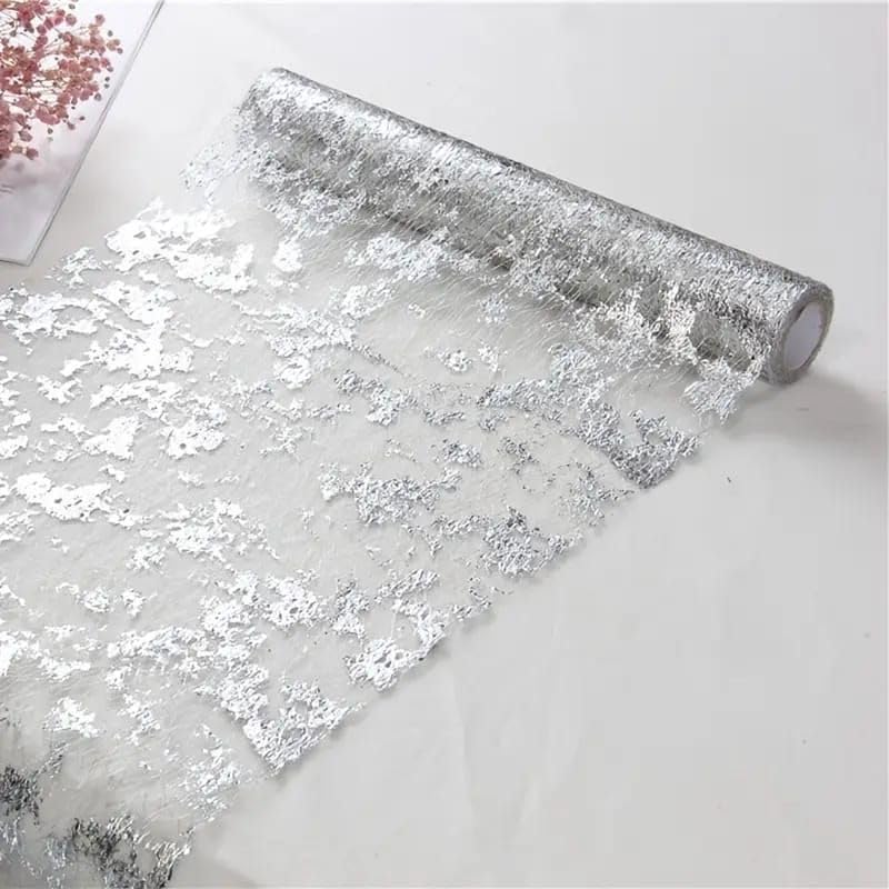 Metallic Silver Table Runner with Foil Design, Elegant and Stylish, Perfect for Weddings and Events