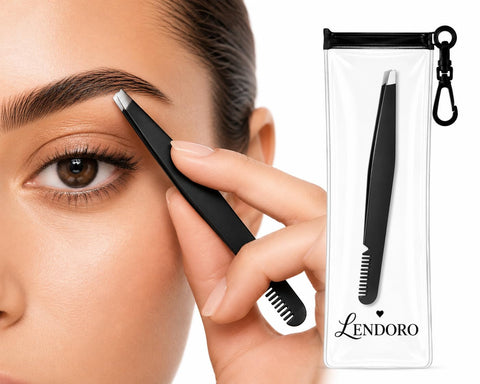 LENDORO 2-in-1 Eyebrow Tweezers with Built-In Comb, Precision Slant Tip, Premium Stainless Steel, Daily Grooming (Black)