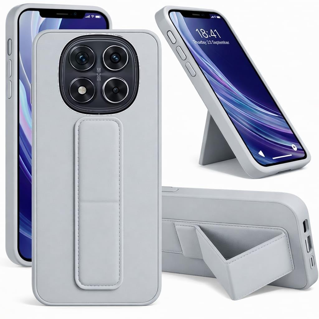 Back Cover Stand Case FOR Redmi Note 14 Pro Plus Magnetic Car Holder Soft Silicone Horizontal & Vertical Kickstand Cover Wrist Strap Full protection Anti Fingerprint Case (Gray)