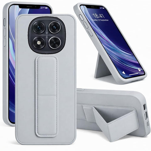 Back Cover Stand Case FOR Redmi Note 14 Pro Plus Magnetic Car Holder Soft Silicone Horizontal & Vertical Kickstand Cover Wrist Strap Full protection Anti Fingerprint Case (Gray)