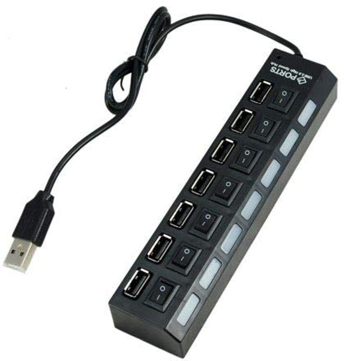 Generic 7 Port USB 2.0 Hub Adapter with Power Switch & LED Light (Black)
