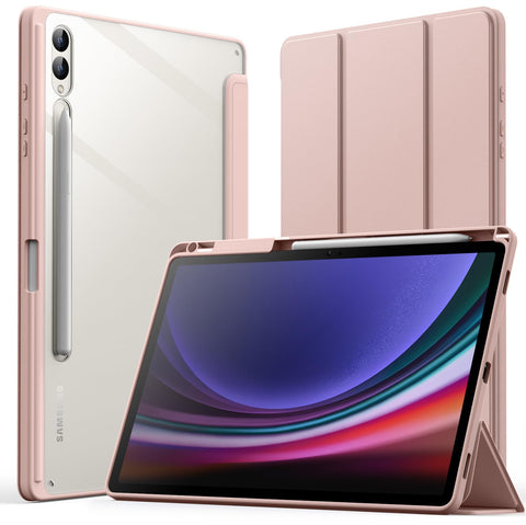 JETech Case for Samsung Galaxy Tab S10 Plus/Tab S9 Plus 12.4-Inch with S Pen Holder, Clear Transparent PC Back, Shockproof Tri-Fold Stand Tablet Cover, Auto Wake/Sleep (Rose Gold)