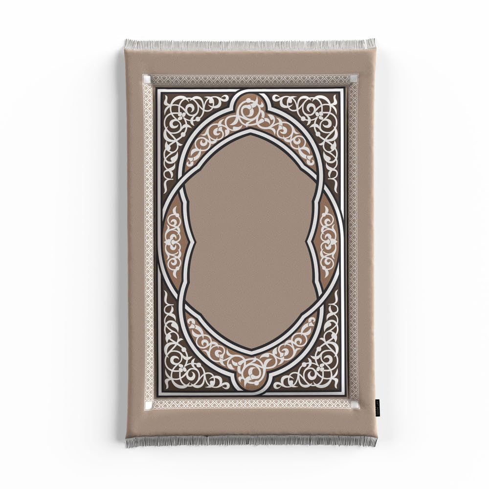 ART MOOD HOME Prayer Mat HOME Sojoud Padded Prayer Mat Soft Premium, Velvet, Soft Low Pile with Supportive Cushioning, Lightweight and Foldable for Home and Mosque, 117L × 68W cm, Beige