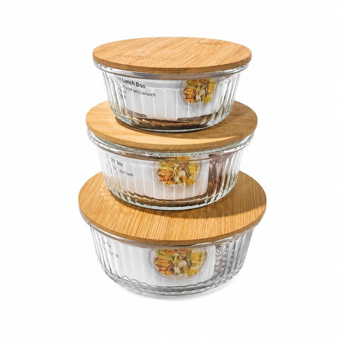 Premium Glass Food Storage Containers Set with Bamboo Lids Leakproof, Microwave & Freezer Safe 3 Pieces - A1-801