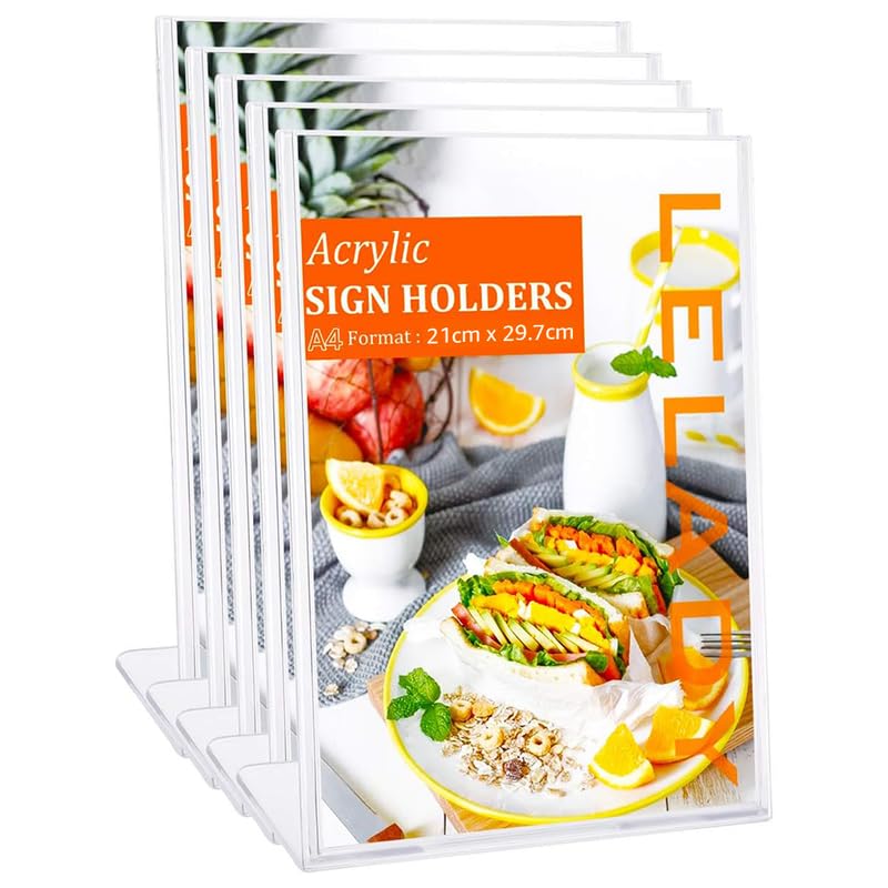 BEST MEDIA 5-Pack A4 Transparent Plastic Display Stands, Acrylic Sign and Menu Holders for Tables, a Countertop Poster Display for events- A4 Size - Standard - 5-Pack - Transparent