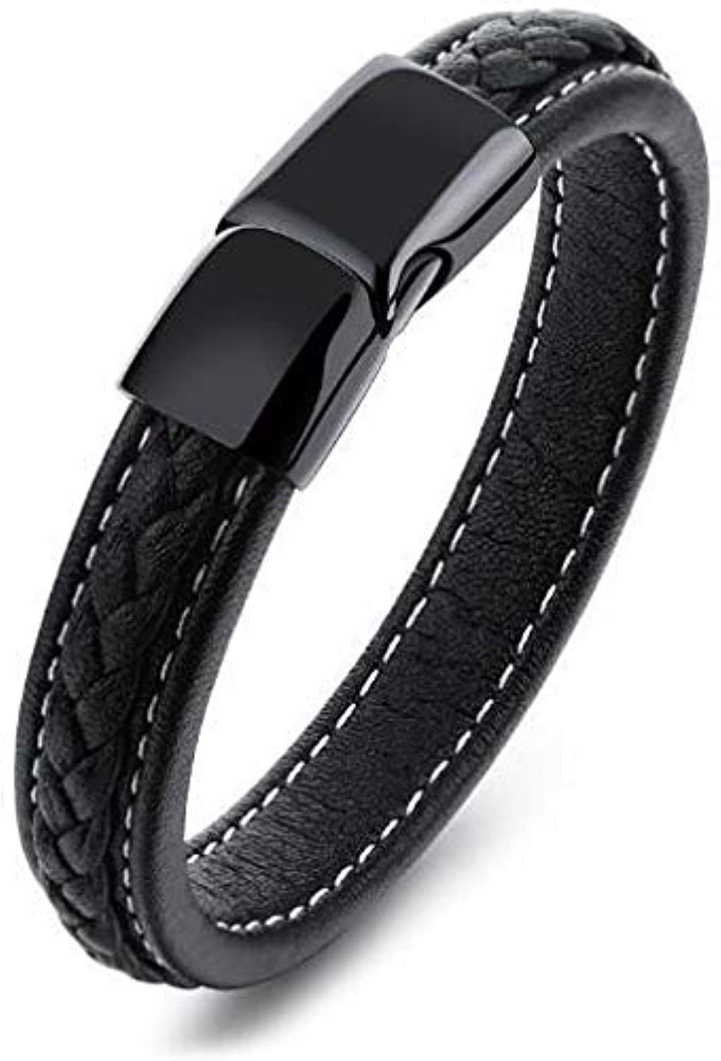 Braided Leather Black Bracelets for Men Bangle Bracelets Fashion Plated Finish Bangle Magnetic Clasp 7.5-8.5 Inch