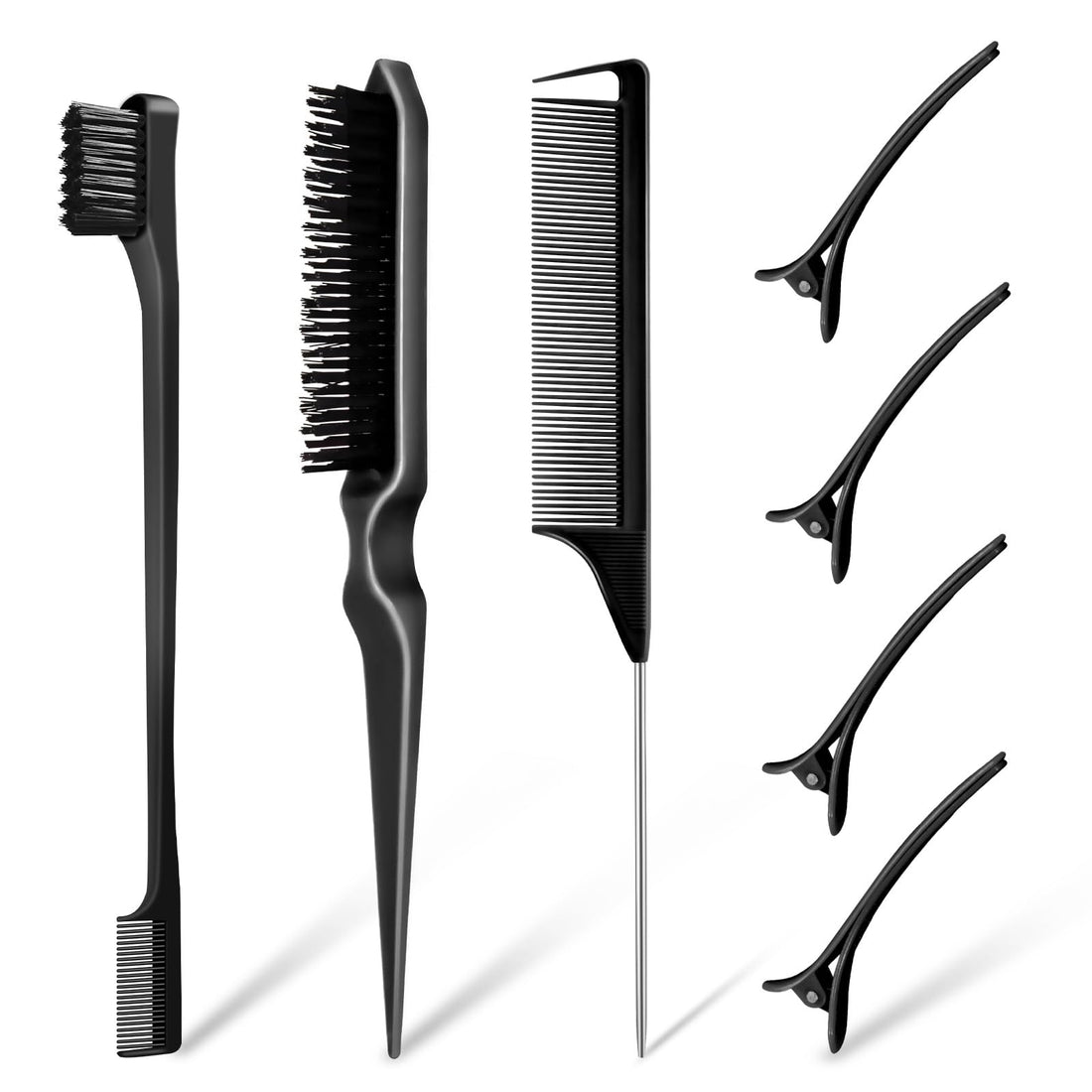 8PCS Hair Brush Set, Teasing Brush Slick Back Curly Hair Brush, Hair Comb Edge Hair Brush Set, Rat Tail Hair Comb Brush with Hair Clips, Back Combing Brushes for Hairdresser Women Baby Children, Black