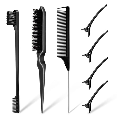 8PCS Hair Brush Set, Teasing Brush Slick Back Curly Hair Brush, Hair Comb Edge Hair Brush Set, Rat Tail Hair Comb Brush with Hair Clips, Back Combing Brushes for Hairdresser Women Baby Children, Black