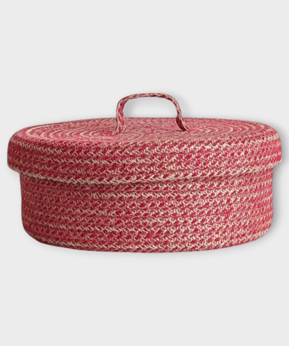 TAYETs Handcrafted Jute Storage Basket with Lid, 25 x 10 cm, Available in Aqua/Beige/Black/Fuchsia/Red, Natural Eco-Friendly, Multi-Purpose Organizer for Kitchen, Home (Red)