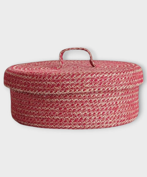 TAYETs Handcrafted Jute Storage Basket with Lid, 25 x 10 cm, Available in Aqua/Beige/Black/Fuchsia/Red, Natural Eco-Friendly, Multi-Purpose Organizer for Kitchen, Home (Red)
