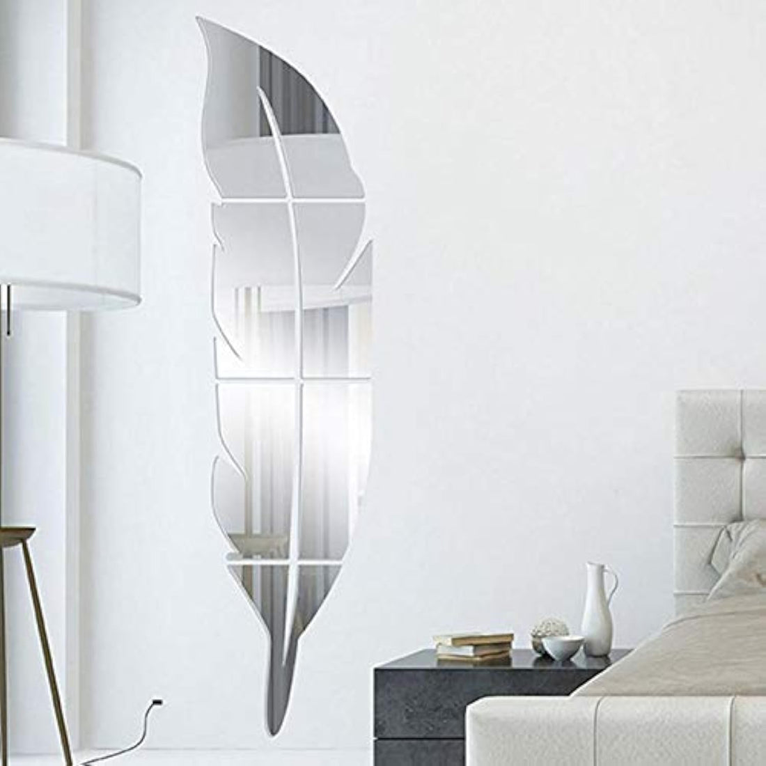 Silver Acrylic Mirror Sticker Removable Feather Shape Wall Stickers