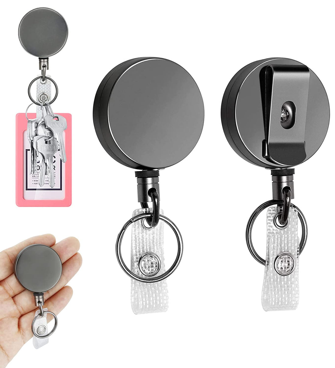 Delfino Heavy Duty Retractable Badge Holder Reel, Metal ID Badge Holder with Belt Clip Key Ring for Name Card Keychain (All Metal Casing, 27.5" Kevlar Cord, Reinforced Id Strap) - 2 Pack