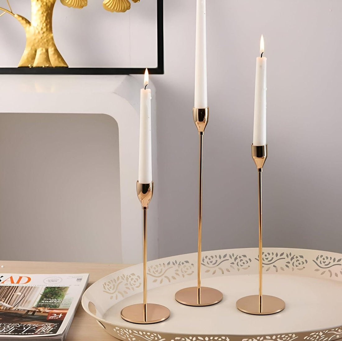Metal Candle Holders - Set of 3 Contemporary Style Elegant Home Decor Special Occasions Modern Touch Home Decor Candle Holders Set (جولد)