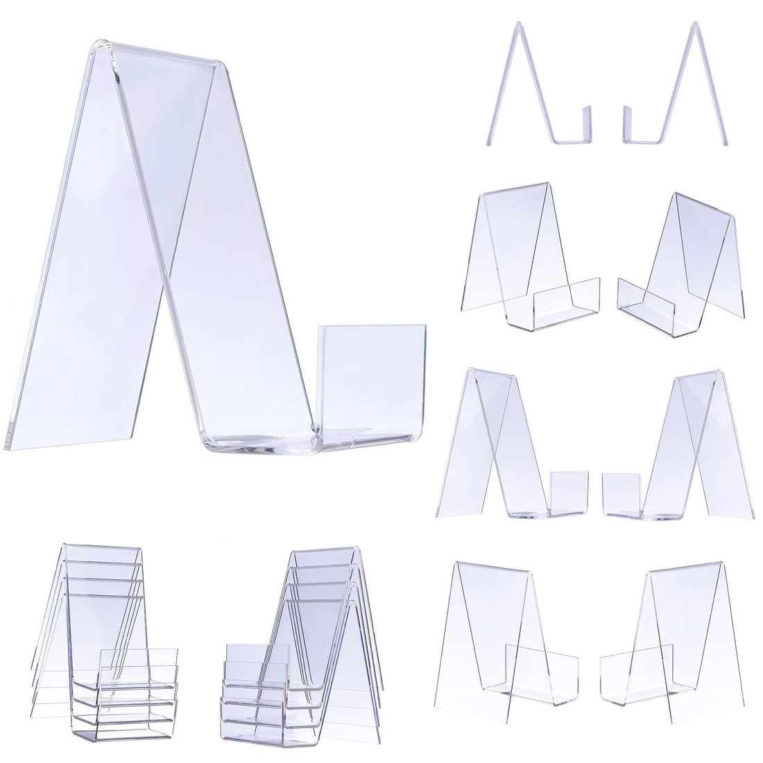 Qbily 10 Pack Clear Acrylic Book Stands for Display Album, CD, Magazine, Postcard, Picture, Plate, Artworks, Phone, Tablet, Comic Book Easel Display Stand with Ledge（Small）