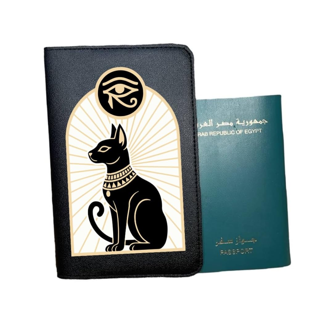 Ancient Egypt Inspired Passport Cover – Black PU Leather Travel Wallet with Card Slots – Pharaonic DTF Printed Design – Unisex Travel Accessory – Egyptian Gift Idea (Design Number 6)