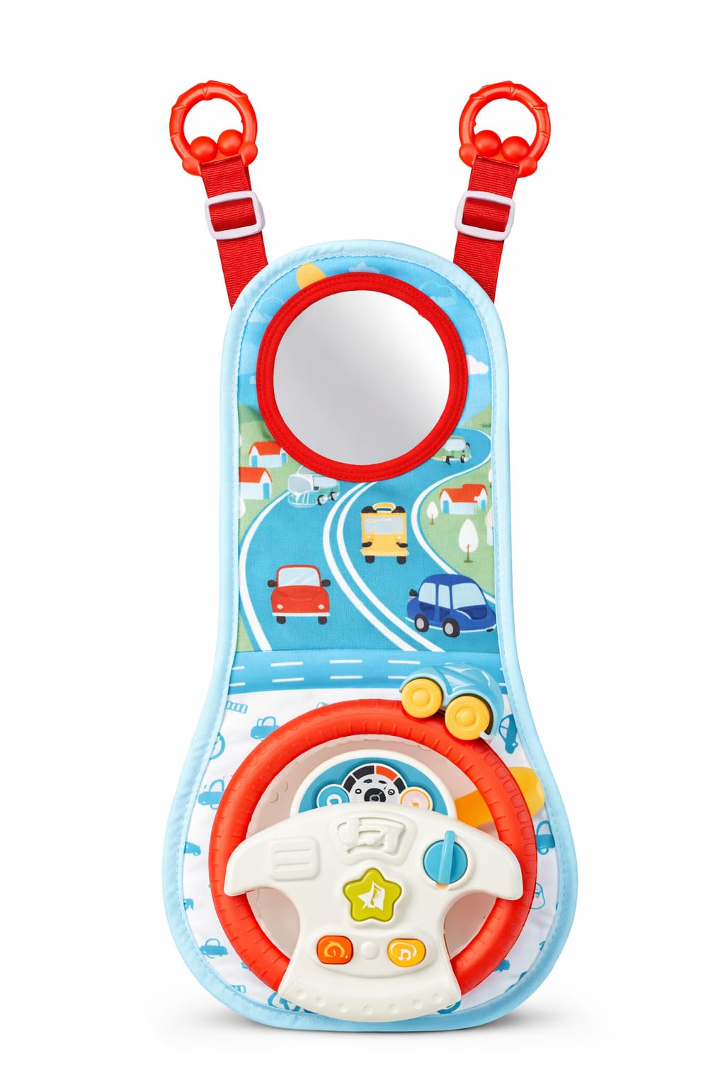 Baby Car Seat Toys with Mirror, Car Seat Toys with Steering Wheel with Music Lights and Driving Sounds, Interactive Driving Toy for Toddlers Develops Fine Motor Skills and Imagination