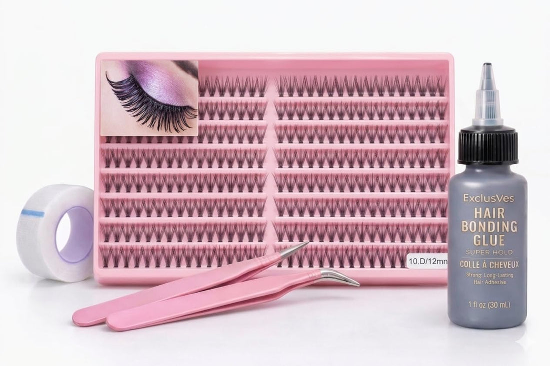 20D Cluster Lashes Kit 12mm – Individual Volume Eyelash Extensions Set with Bonding Glue, Eyelash Tape Roll & 2-in-1 Tweezers, Soft Full Glam Look, Easy Apply Lash Kit for Salon & Home Use